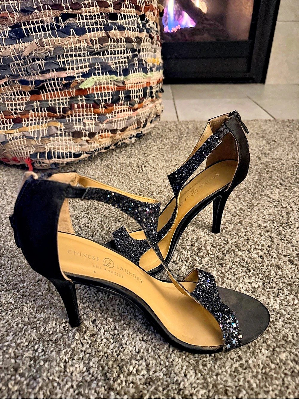 Chinese Laundry Black Glitter Strappy Heels
